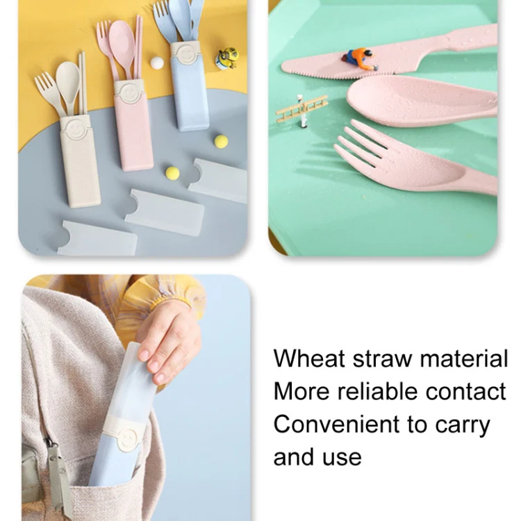 4 In 1 Portable Wheat Straw Tableware Set Outdoor Travel Storage Tableware Box, Style: B With Knife (Blue) - Image 6