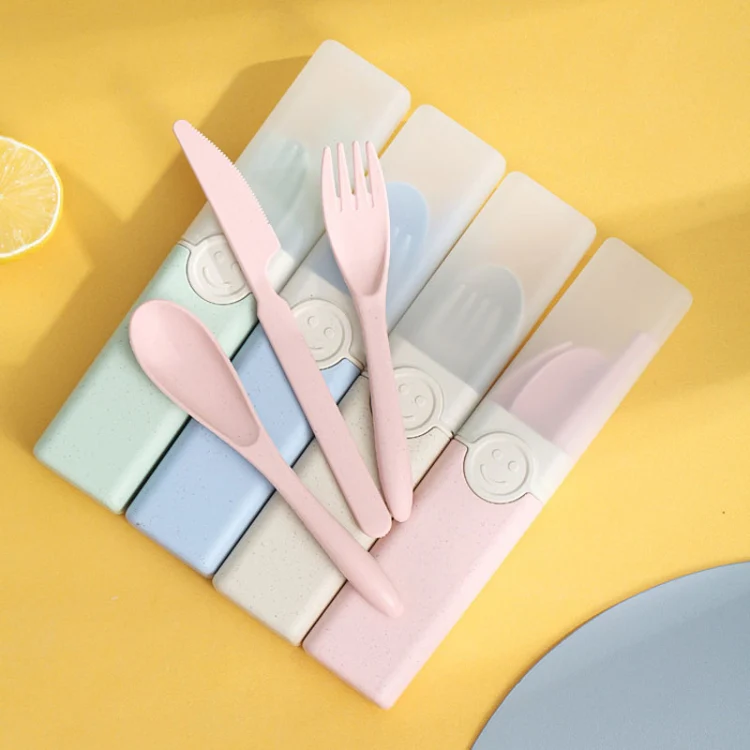 4 In 1 Portable Wheat Straw Tableware Set Outdoor Travel Storage Tableware Box, Style: B With Knife (Pink) - Image 2
