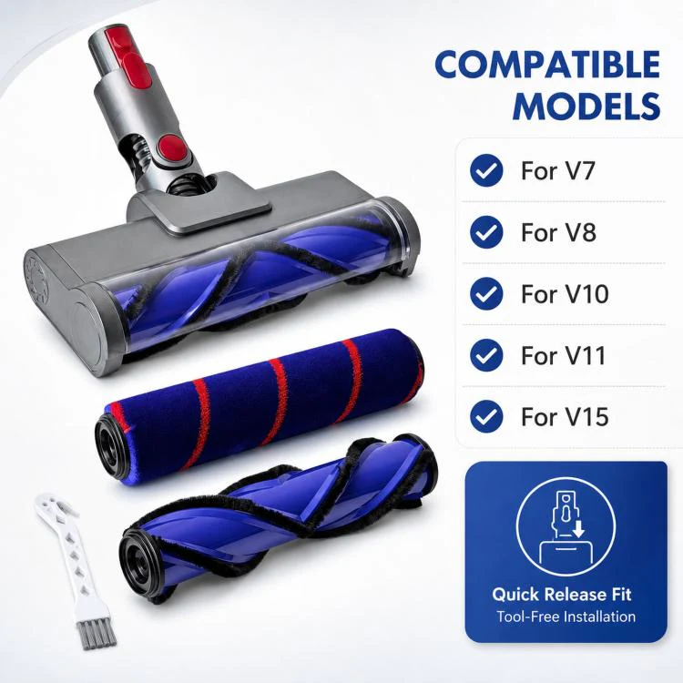 4 In 1 Set Cleaner Head For Dyson V7 V8 V10 V11 V15 Anti-Tangle V-Shaped Brush & Soft Roller Kit - Image 2