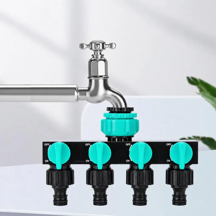 4-Way Water Tap Splitter With On-Off Switch 1 Inlet 4 Outlets Quick Connect Valve Connector(Blue)