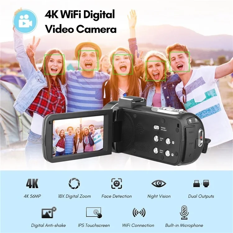 4K Digital Video Camera 3 Inch IPS Touch Screen 56MP 18X Digital Zoom WiFi Camcorder, Spec: Standard - Image 2