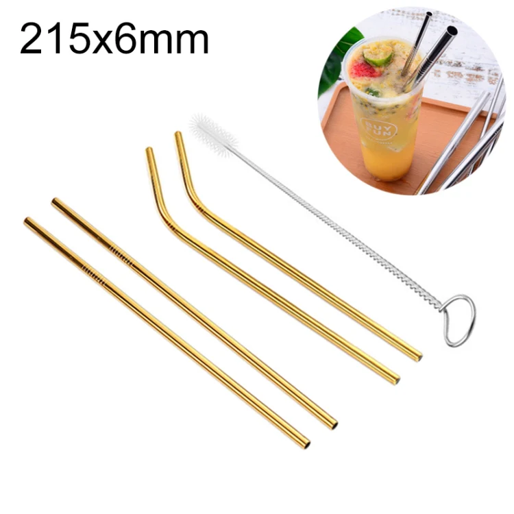 4pcs Reusable Stainless Steel Drinking Straw + Cleaner Brush Set Kit, 215*6mm(Gold)