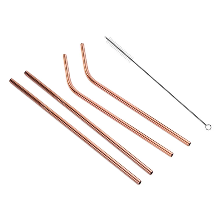 4pcs Reusable Stainless Steel Drinking Straw + Cleaner Brush Set Kit, 215*6mm(Rose Gold) - Image 3