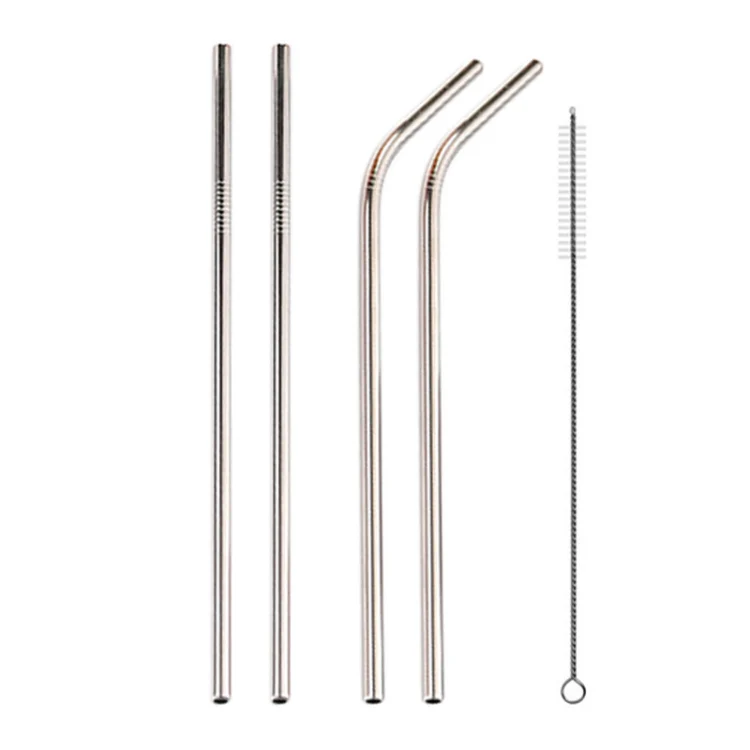 4pcs Reusable Stainless Steel Drinking Straw + Cleaner Brush Set Kit,  215*6mm(Silver) - Image 2
