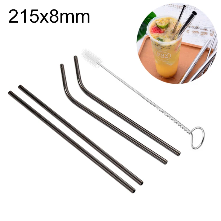 4pcs Reusable Stainless Steel Drinking Straw + Cleaner Brush Set Kit,  215*8mm(Black)