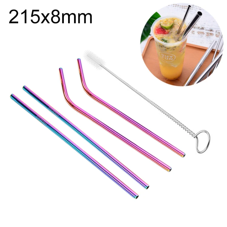 4pcs Reusable Stainless Steel Drinking Straw + Cleaner Brush Set Kit,  215*8mm(Colour)