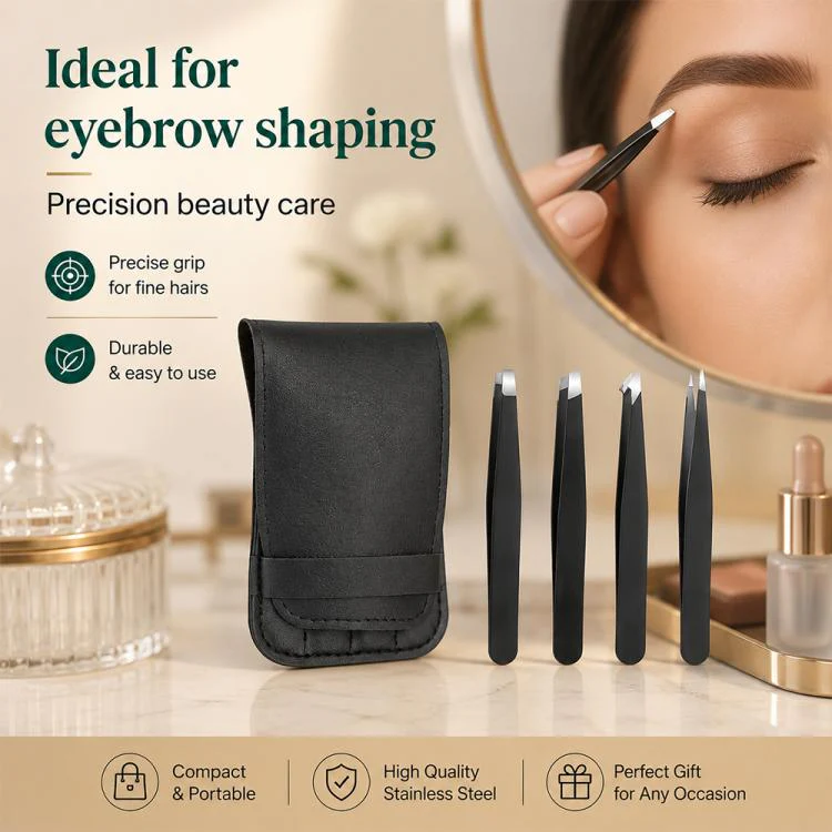 4pcs/Set Stainless Steel Tweezers Eyebrow Shaping Tool Kit with PU Leather Bag(Black) - Image 11