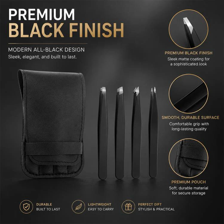 4pcs/Set Stainless Steel Tweezers Eyebrow Shaping Tool Kit with PU Leather Bag(Black) - Image 12