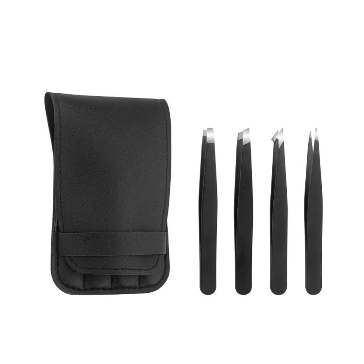 4pcs/Set Stainless Steel Tweezers Eyebrow Shaping Tool Kit with PU Leather Bag(Black) - Image 2