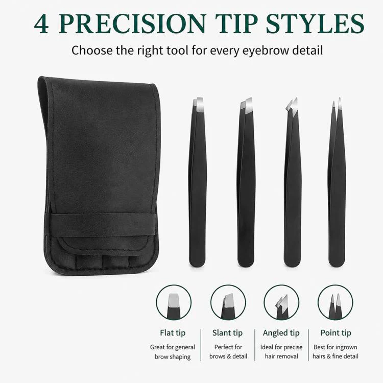4pcs/Set Stainless Steel Tweezers Eyebrow Shaping Tool Kit with PU Leather Bag(Black) - Image 7