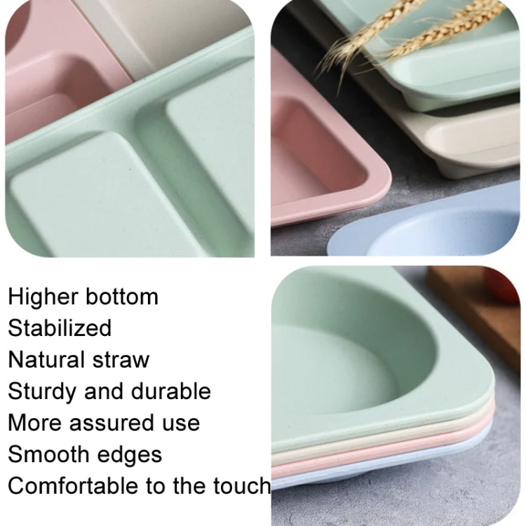 4pcs /Set Wheat Straw Split Dining Plate With Bowl Chopsticks Spoon Tableware Set(Pink) - Image 3