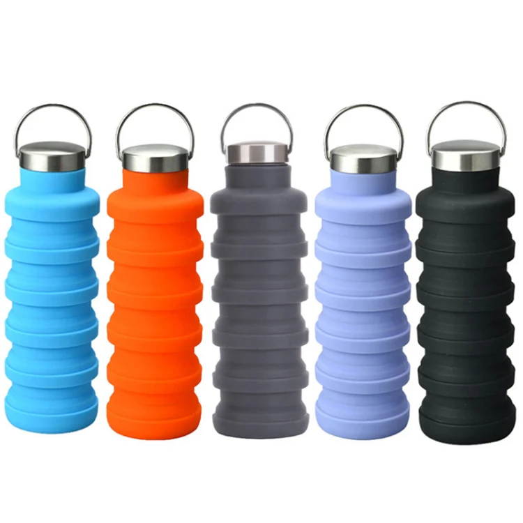 500ml Outdoor Sports Silicone Telescopic Cup Portable Foldable Travel Water Kettle(Gray Handle Lid) - Image 2