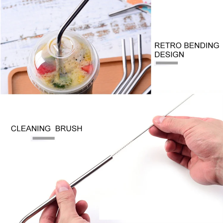 5pcs Reusable Stainless Steel Bent Drinking Straw + Cleaner Brush Set Kit,  215*6mm(Gold) - Image 7