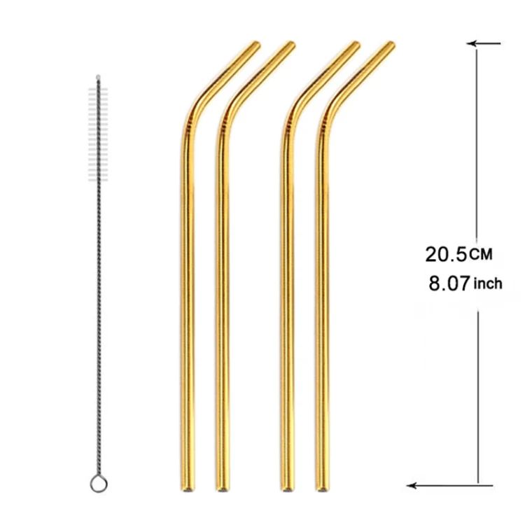 5pcs Reusable Stainless Steel Bent Drinking Straw + Cleaner Brush Set Kit,  215*8mm(Gold) - Image 2