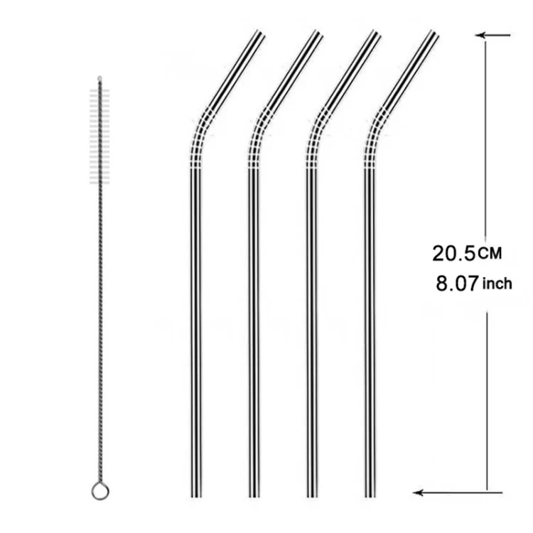 5pcs Reusable Stainless Steel Bent Drinking Straw + Cleaner Brush Set Kit, 215*8mm(Silver) - Image 2