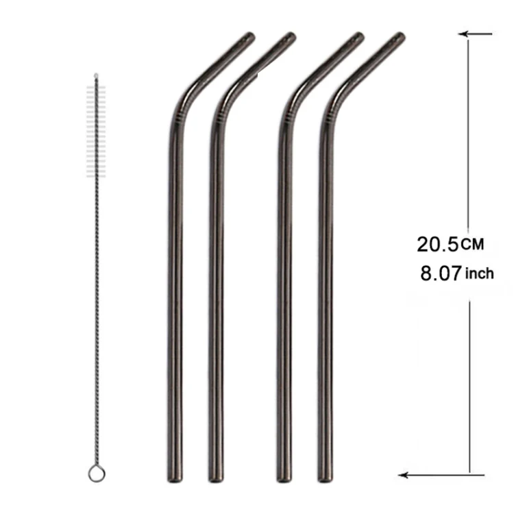 5pcs Reusable Stainless Steel Bent Drinking Straw + Cleaner Brush Set Kit, 266*6mm(Black) - Image 2