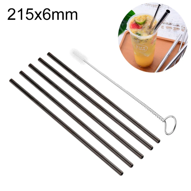 5pcs Reusable Stainless Steel Straight Drinking Straw + Cleaner Brush Set Kit,  215*6mm(Black)