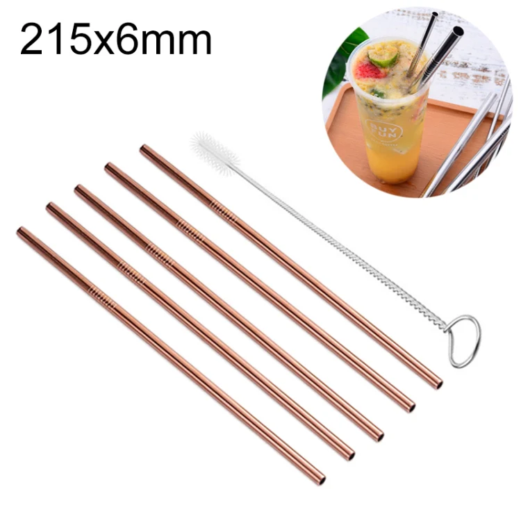 5pcs Reusable Stainless Steel Straight Drinking Straw + Cleaner Brush Set Kit,  215*6mm(Rose Gold)