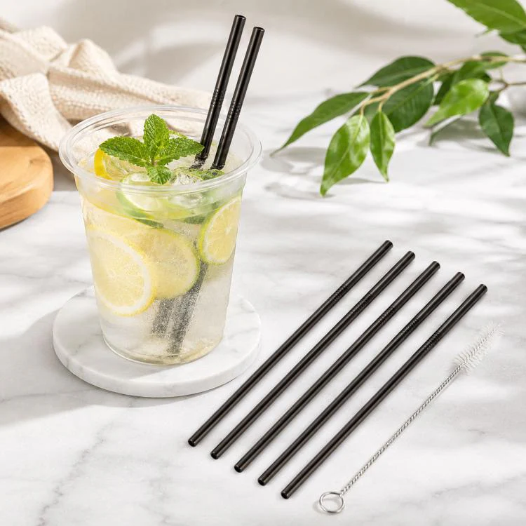 5pcs Reusable Stainless Steel Straight Drinking Straw + Cleaner Brush Set Kit,  215*8mm(Black)