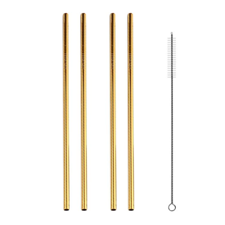 5pcs Reusable Stainless Steel Straight Drinking Straw + Cleaner Brush Set Kit,  215*8mm(Gold) - Image 2
