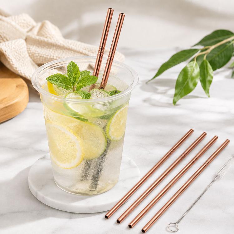 5pcs Reusable Stainless Steel Straight Drinking Straw + Cleaner Brush Set Kit,  215*8mm(Rose Gold)