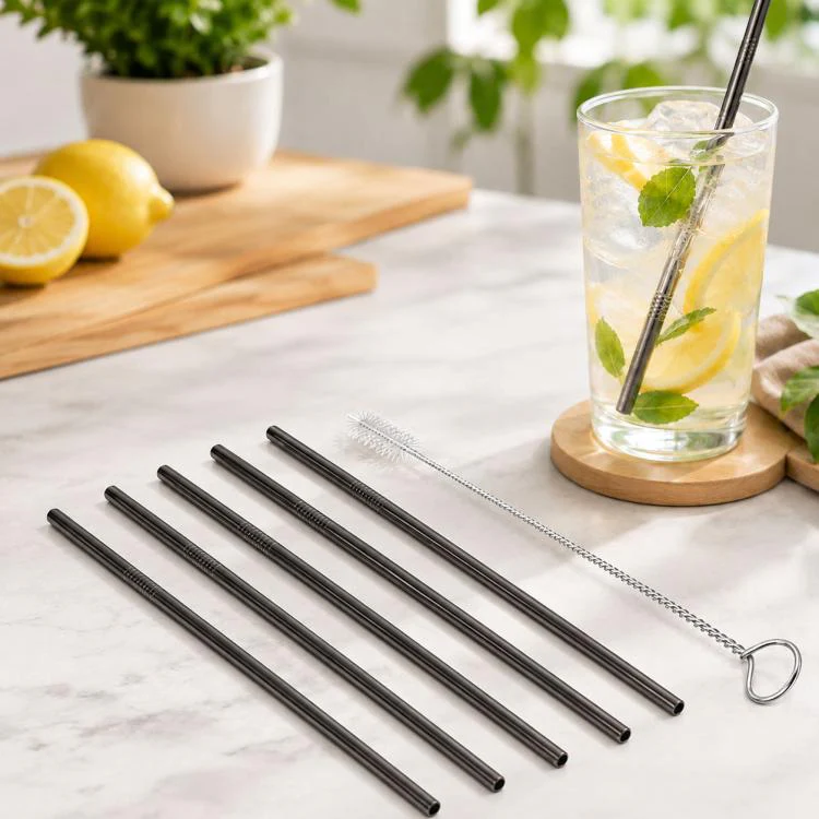 5pcs Reusable Stainless Steel Straight Drinking Straw + Cleaner Brush Set Kit,  266*6mm(Black)