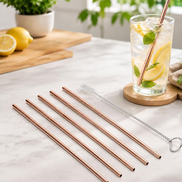 5pcs Reusable Stainless Steel Straight Drinking Straw + Cleaner Brush Set Kit,  266*6mm(Rose Gold)