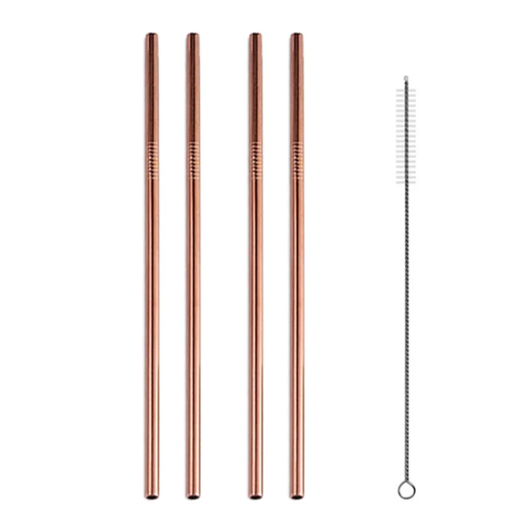 5pcs Reusable Stainless Steel Straight Drinking Straw + Cleaner Brush Set Kit,  266*6mm(Rose Gold) - Image 2
