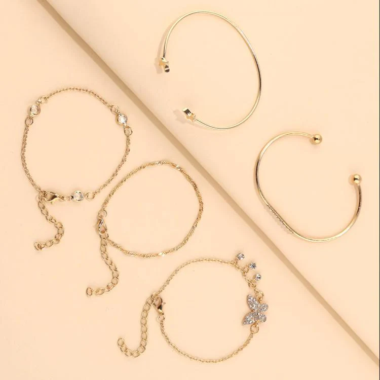 5pcs /Set Bohemian Butterfly Open Cuff Diamond Crystal Bracelet(6129 Gold) - Image 3