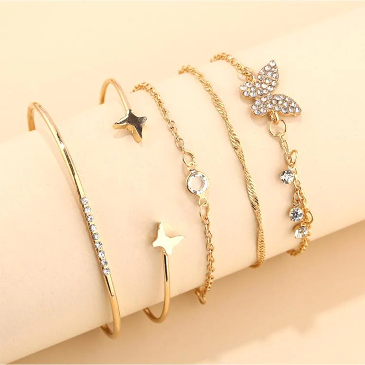 5pcs /Set Bohemian Butterfly Open Cuff Diamond Crystal Bracelet(6129 Gold) - Image 4