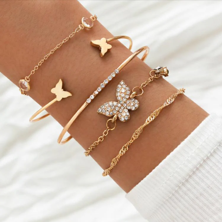 5pcs /Set Bohemian Butterfly Open Cuff Diamond Crystal Bracelet(6129 Gold) - Image 5
