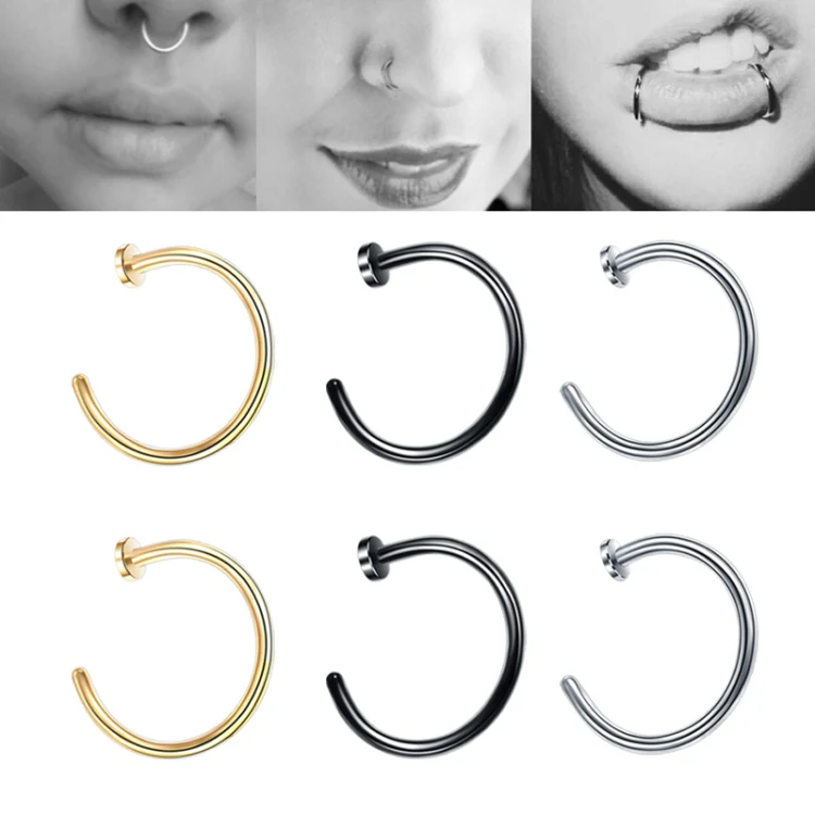 5pcs Stainless Steel Nose Ring Without Hole C-Shape Nose Staple Lip Band Earrings, Size: 0.8 x 8+2(Steel Color) - Image 2
