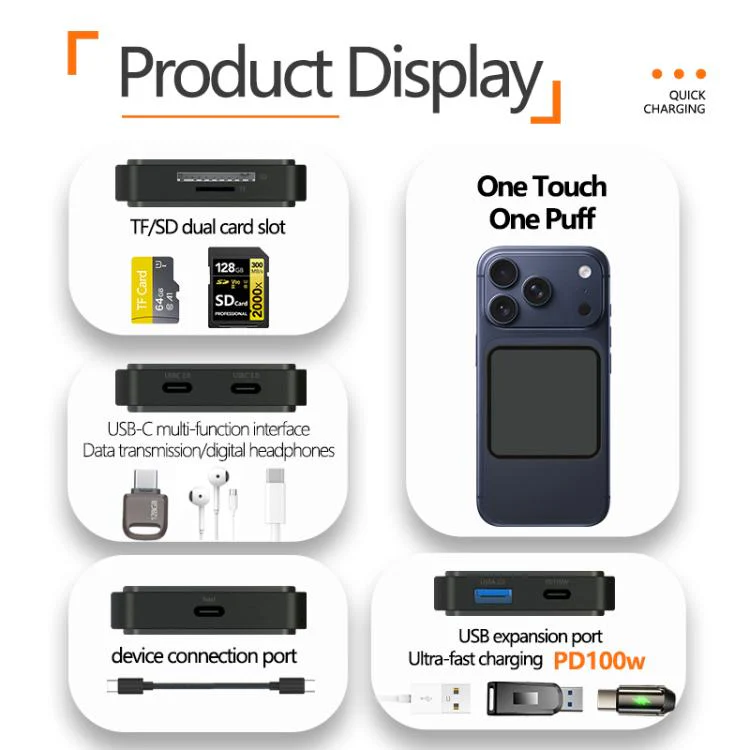 6 in 1 PD 100W, Dual Type-C, TF, SD Card, USB-A Port Multifunctional Magnetic HUB Dock Station(Black) - Image 10