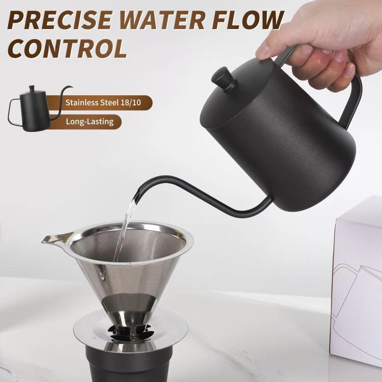 600ml Swan-Necked Narrow-Mouth Stainless Steel Pour-Over Coffee Pot with Lid(Black) - Image 3