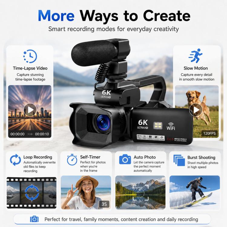 64MP 6K 18X Digital Zoom Camcorder Video Camera With 4-Inch Touch Screen, Microphone & LED Light 128G - Image 8