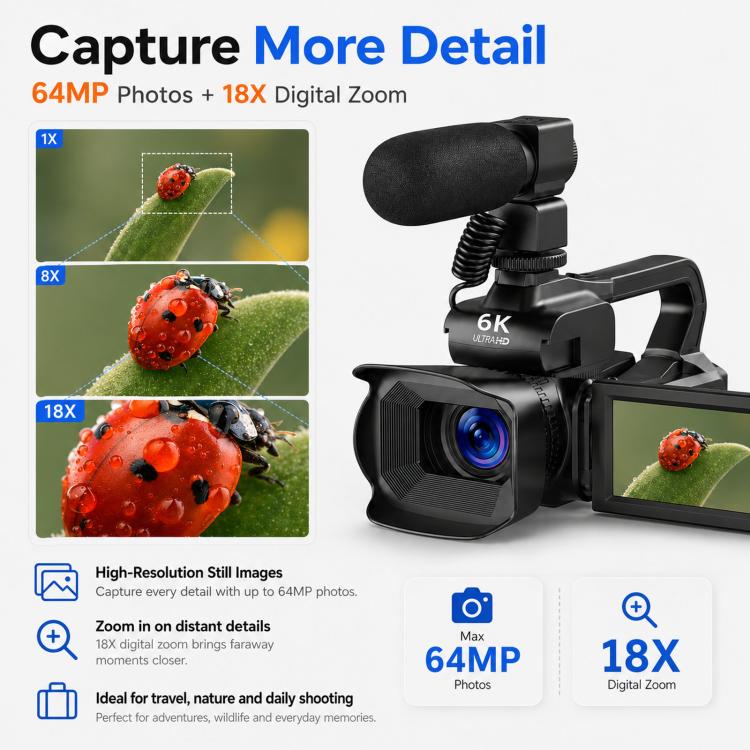 64MP 6K 18X Digital Zoom Camcorder Video Camera With 4-Inch Touch Screen, Microphone & LED Light 32G - Image 4