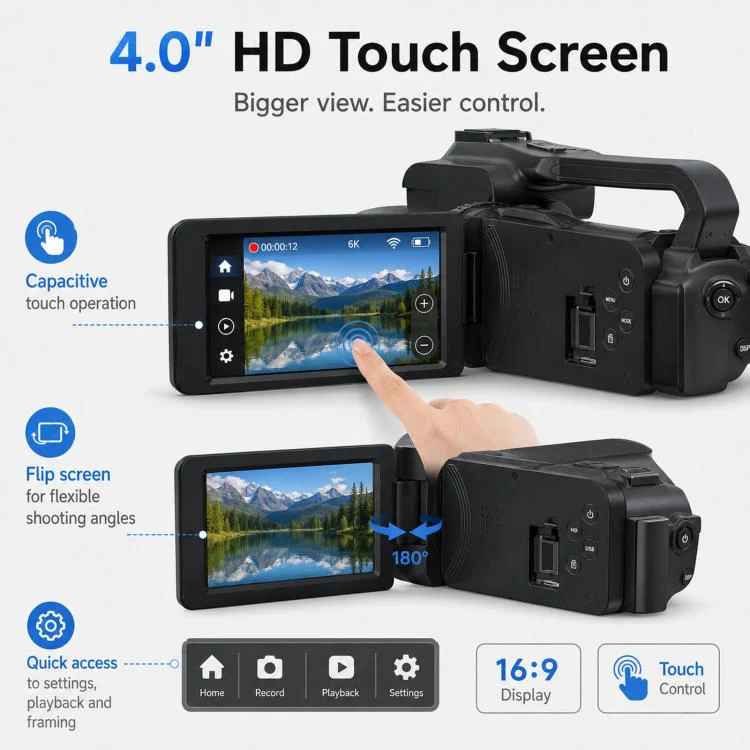 64MP 6K 18X Digital Zoom Camcorder Video Camera With 4-Inch Touch Screen, Microphone & LED Light 32G - Image 5