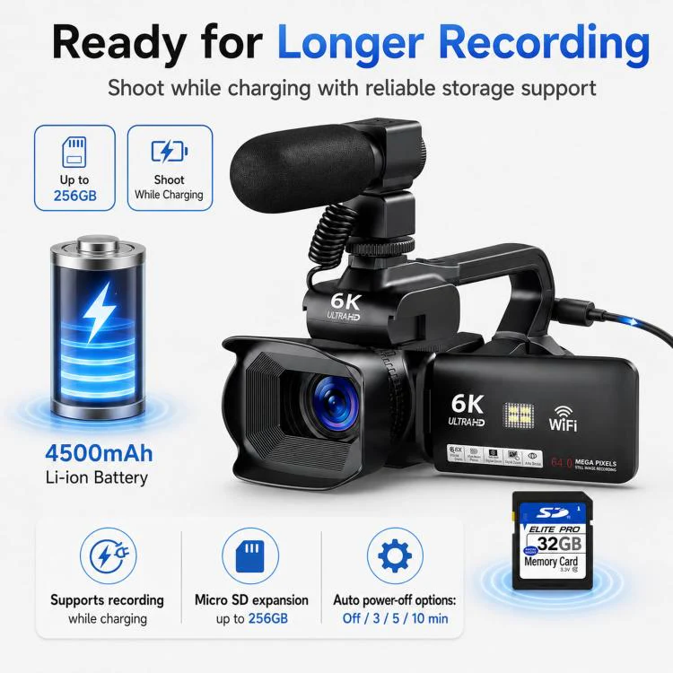 64MP 6K 18X Digital Zoom Camcorder Video Camera With 4-Inch Touch Screen, Microphone & LED Light 32G - Image 7