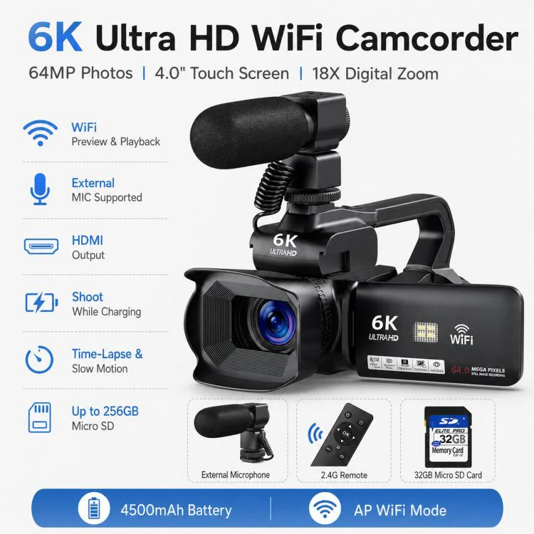 64MP 6K 18X Digital Zoom Camcorder Video Camera With 4-Inch Touch Screen, Microphone & LED Light 64G - Image 3