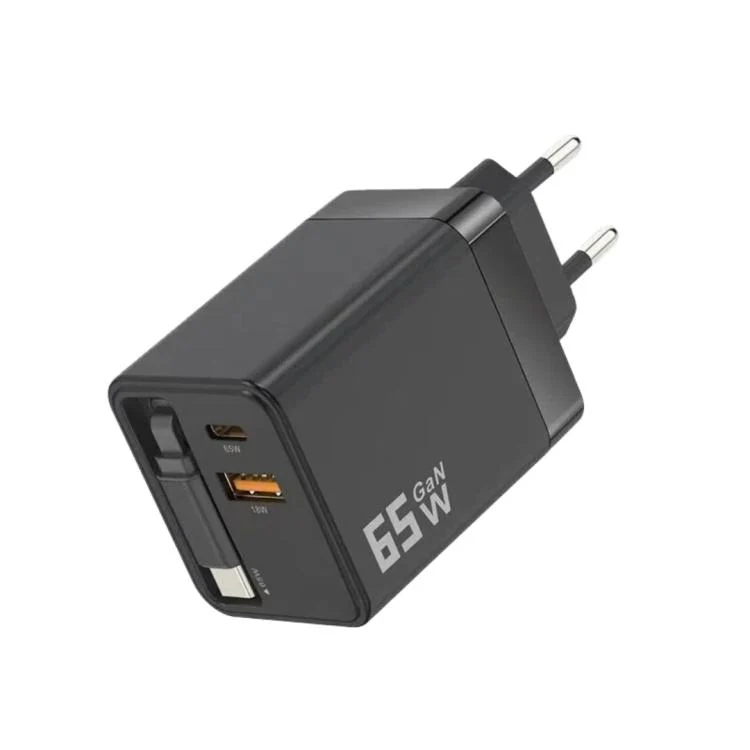 65W GaN Wall Charger With Built-In Retractable USB-C Cable 3-Port Fast Charging Block EU Plug(Black)