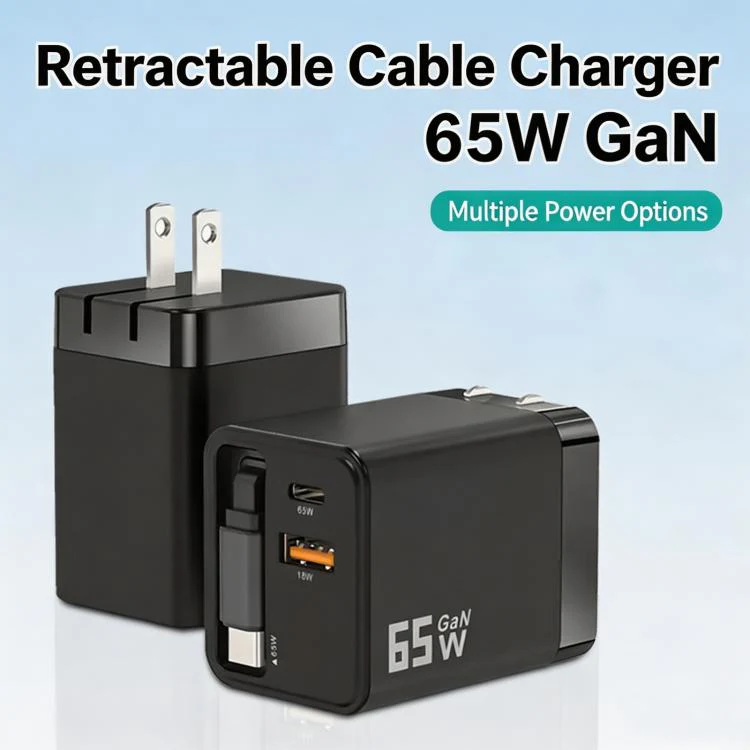 65W GaN Wall Charger With Built-In Retractable USB-C Cable 3-Port Fast Charging Block EU Plug(Black) - Image 2