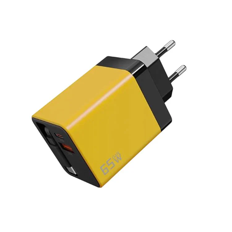 65W GaN Wall Charger With Built-In Retractable USB-C Cable 3-Port Fast Charging Block EU Plug(Yellow)