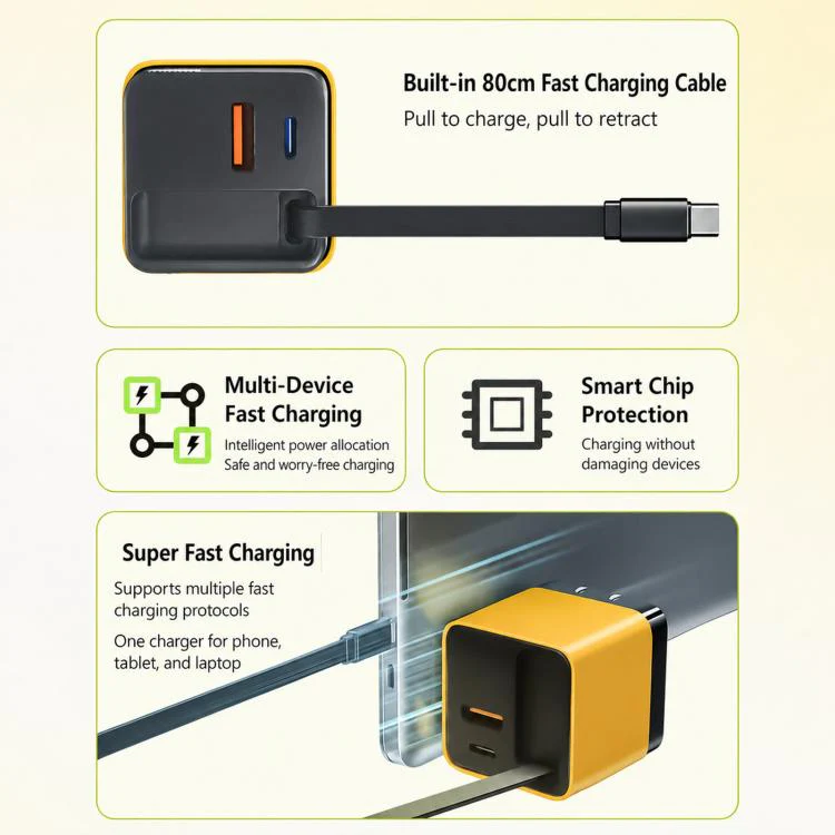 65W GaN Wall Charger With Built-In Retractable USB-C Cable 3-Port Fast Charging Block EU Plug(Yellow) - Image 4