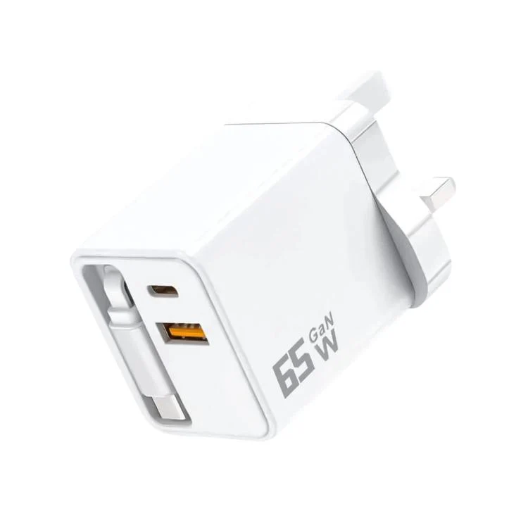 65W GaN Wall Charger With Built-In Retractable USB-C Cable 3-Port Fast Charging Block UK Plug(White)