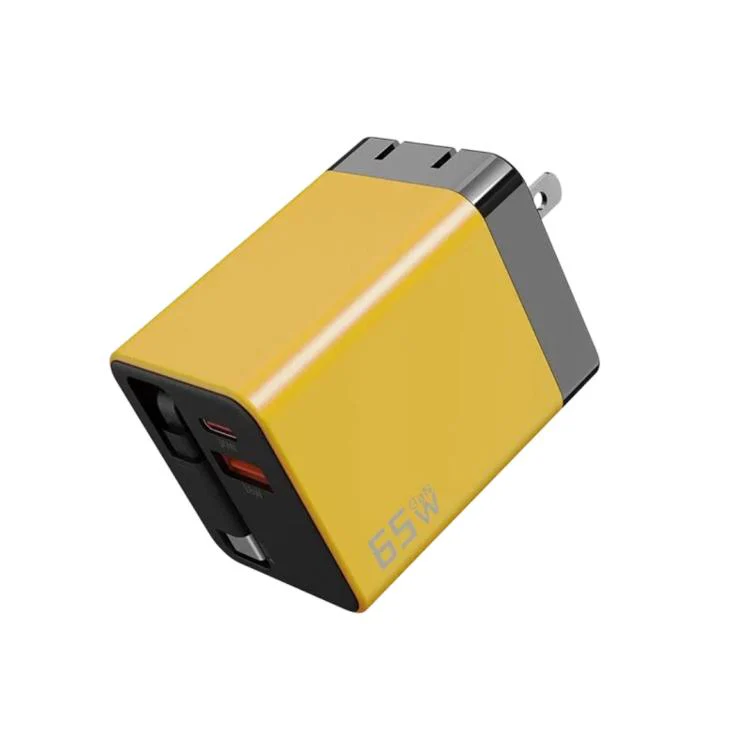 65W GaN Wall Charger With Built-In Retractable USB-C Cable 3-Port Fast Charging Block US Plug(Yellow)
