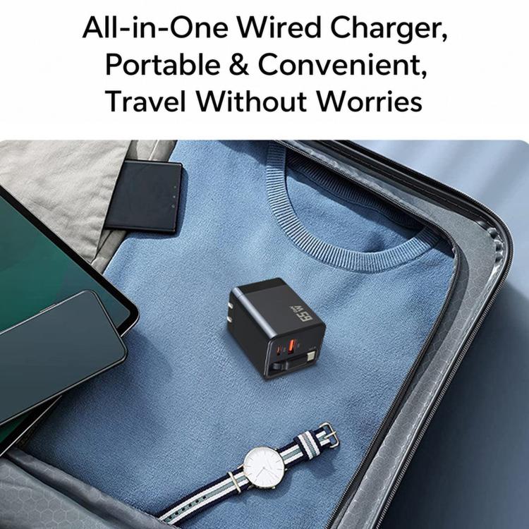 65W GaN Wall Charger With Built-In Retractable USB-C Cable 3-Port Fast Charging Block US Plug(Yellow) - Image 6