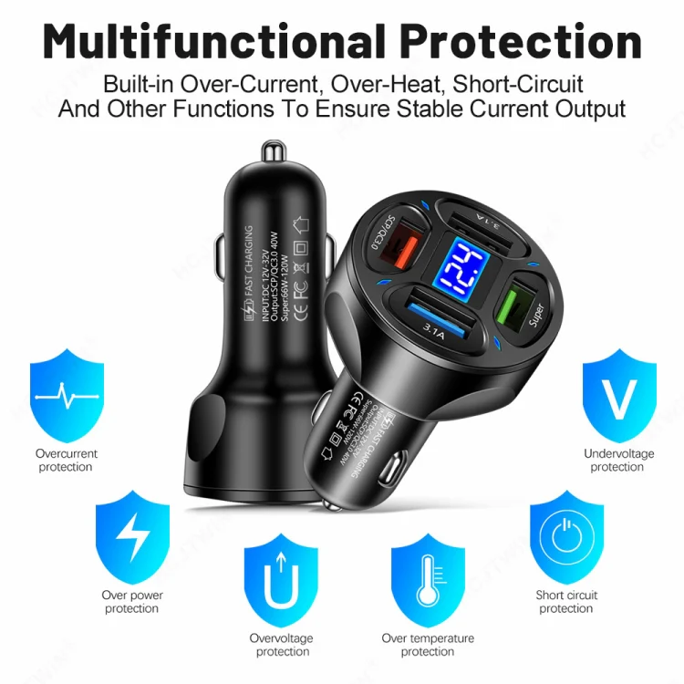 66W 4 in 1 Digital Display Fast Charging Car Charger with Voltmeter (Black) - Image 2