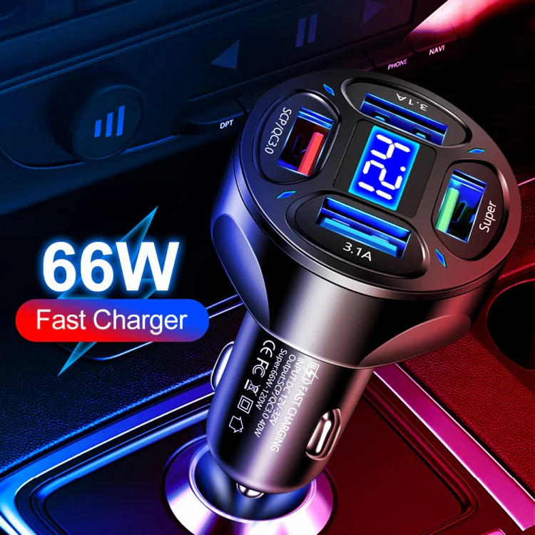 66W 4 in 1 Digital Display Fast Charging Car Charger with Voltmeter (Black) - Image 9