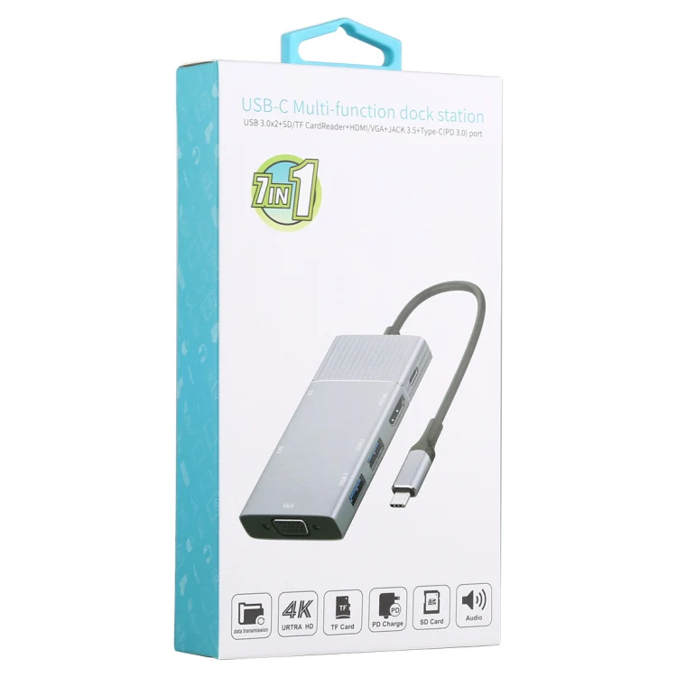 7 In 1 Dual USB 3.0 + TF/SD + HDMI/VGA + 3.5mm Jack + Type-C / USB-C Multi-function USB-C Dock Station - Image 7