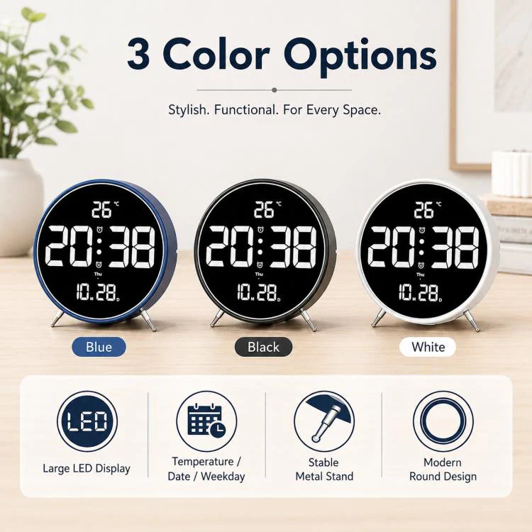 8.3-inch Large LED Digital Alarm Clock Adjustable Brightness with Temperature / Date / Week & Dual Alarms(HL-8801 White Shell) - Image 2